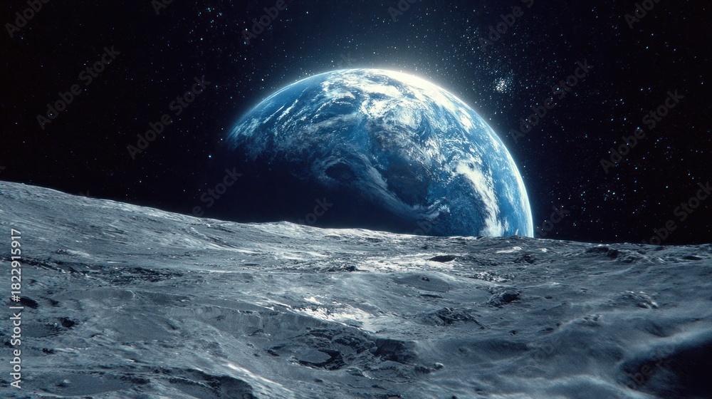 Fototapeta premium Earthrise seen from the Moon's surface, craters, and stars in background