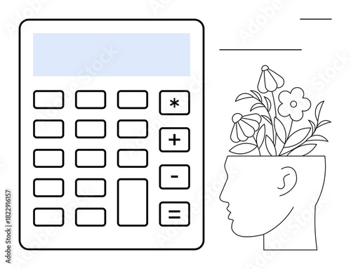 Calculator next to profile head with flowers growing from it, symbolizing balance between logic and creativity. Ideal for innovation, balance, education, growth, problem-solving, mindfulness