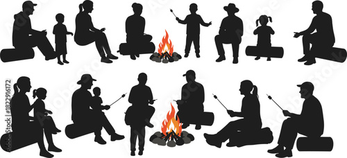 Family and friends sitting around campfire, outdoor camping night illustration, roasting marshmallows, group gathering, adventure, relaxation, nature and bonding