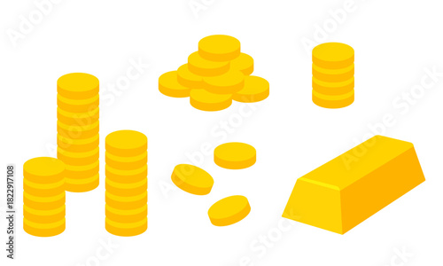 コインと金の延べ棒のミニマルなシンプルイラストセット