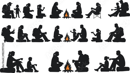 Family and friends sitting around campfire, outdoor camping silhouettes, drinking coffee, relaxing together, night adventure, warmth, bonding, nature, vacation fun