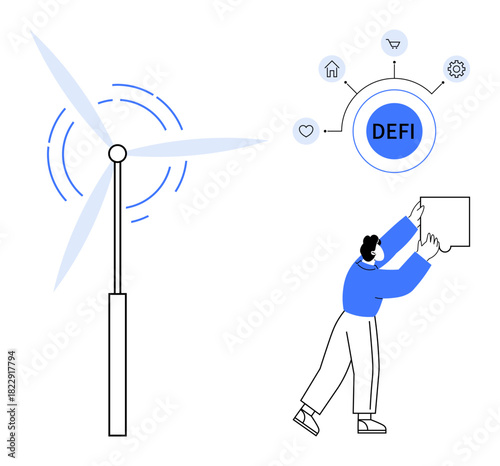 Decentralized finance concept. Decentralized finance ed with digital icons and interaction. Decentralized finance focuses on innovation and renewable energy. For fintech, sustainability, energy