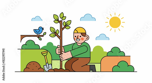 Happy Gardener Planting a Tree in a Sunny Park with Blue Skies and a Bird Watching