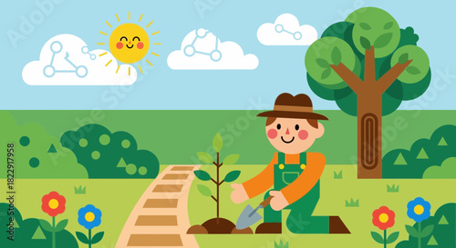 Planting a Tree Gardener with Sapling in Sunny Field Illustration