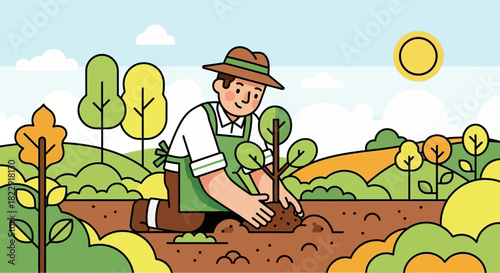 Illustration of a male gardener carefully planting a small tree in the soil to promote environmental growth and sustainability in a green landscape