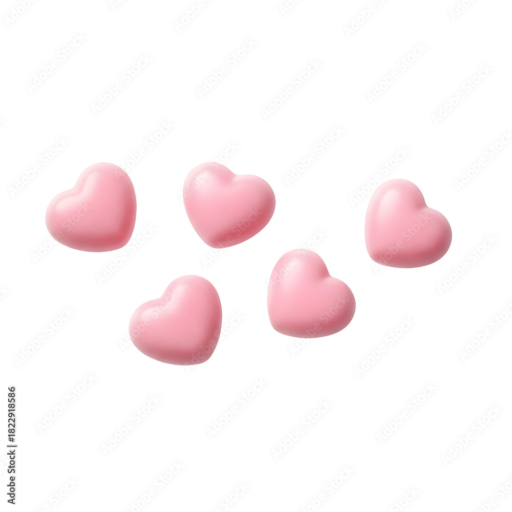 Obraz premium Five pink heart candies sweet and glossy isolated on a white background for Valentines Day or romantic themes