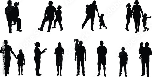 Family silhouettes, parent child poses, family illustration, walking family artwork, adult child design, family bonding, relationship artwork, family collection, silhouette art, love
