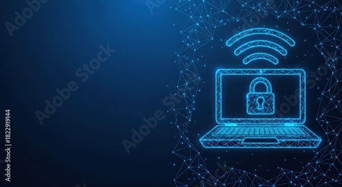 Digital laptop displaying a secure network with wireless connectivity and a locked padlock icon