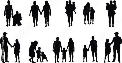 Family silhouettes, parents and children, black and white, walking, holding hands, caregiving, embracing, parenting illustration, social relationship 