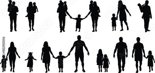 Family silhouettes, parents and children, black and white, walking, holding hands, embracing, diverse poses, relationship illustration, social design artwork