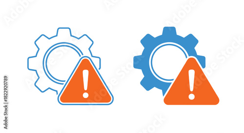 Vector illustration of two gears with orange warning sign isolated on, problem alert