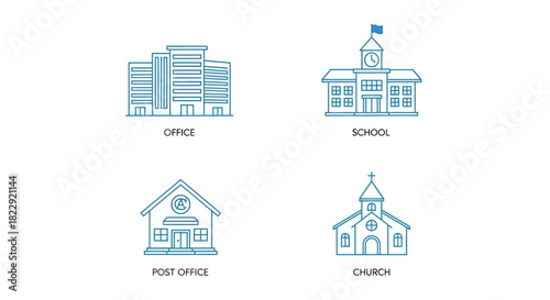 Vector illustration of set of four public buildings isolated on in line art style