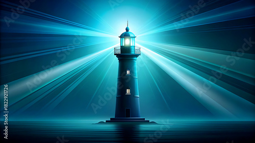 Lighthouse shining bright beams of light a beacon of hope and guidance standing tall against the dark ocean