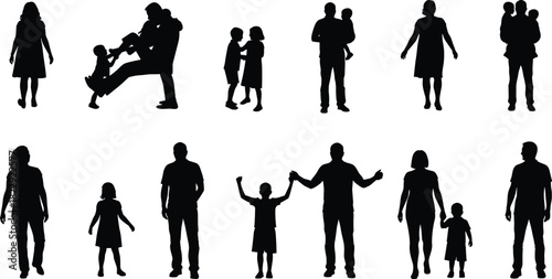Family silhouettes, parents and children, family illustration, walking family artwork, parent child design, family poses, relationship artwork, family collection, silhouette art, bonding