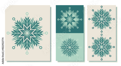 Abstract winter snowflake and star patterns in teal and green hues, featuring intricate geometric designs suitable for holiday decorations, seasonal greetings, and festive graphic elements
