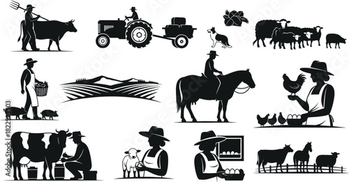 Farm life illustration, rural lifestyle, agriculture artwork, farming scenes, livestock silhouettes, countryside design, traditional farming, village life, farm animals, agriculture culture