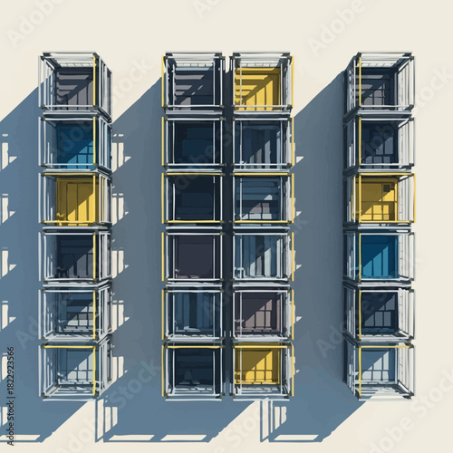 An overhead view showcases a grid of colorful, modular shipping containers, casting shadows on a neutral background, creating a modern architectural aesthetic.