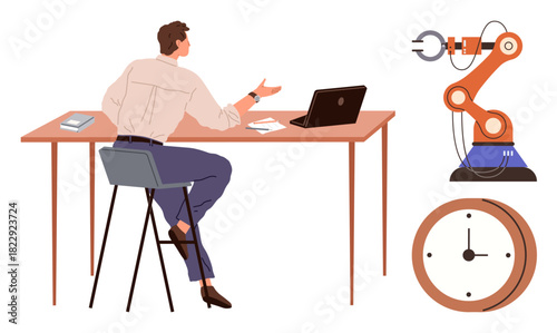 Man gesturing at desk with laptop, book, and paper near robot arm and clock. Ideal for innovation, collaboration, productivity, time management, automation, office technology simple flat metaphor