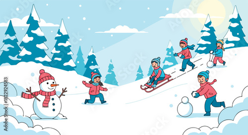 Delightful World Snow Day Illustration featuring cheerful children playing, sledding, and building a snowman in a winter wonderland landscape with snowy trees