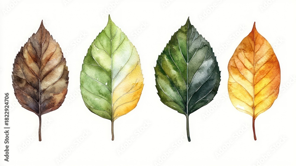 Obraz premium Watercolor autumn leaves, four colors, white background. Seasonal art, nature illustration