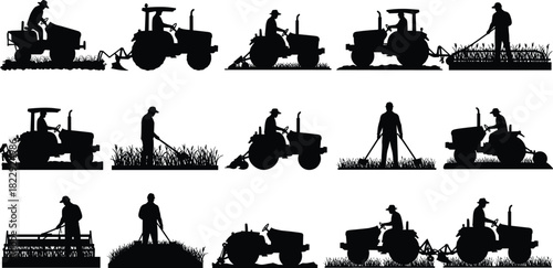 Farmers and tractors working in crop fields, agricultural silhouette collection, modern farming, rural cultivation, agricultural machinery and equipment illustration.