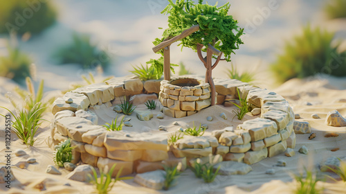 Fototapeta Naklejka Na Ścianę i Meble -  Old broken well in desert with 3d isometric low poly clay