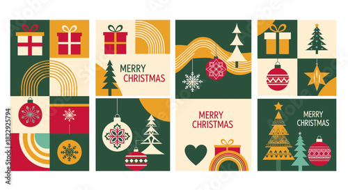 Modern abstract christmas card collection with geometric holiday designs, festive trees, ornaments, and gift boxes contemporary seasonal greetings