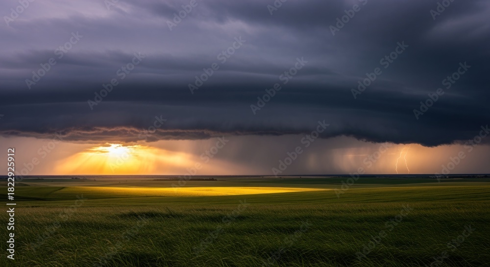 Fototapeta premium Dramatic Stormy Sky with Sun Rays and Lightning Strike over Green Field