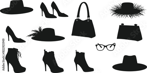 Fashion accessory and footwear silhouettes, stylish shoes, hats, boots, handbags, and eyeglasses illustration for design, retail, and style inspirationFashion accessory and footwear 