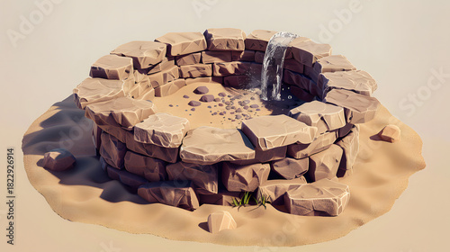 Fototapeta Naklejka Na Ścianę i Meble -  Old broken well in desert with 3d isometric low poly clay