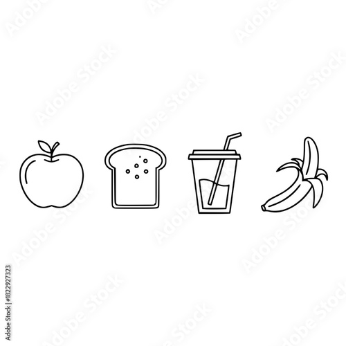 Healthy breakfast line art featuring apple, bread slice, drink with straw, and banana for wellness designs and nutritional content, perfect for food blog