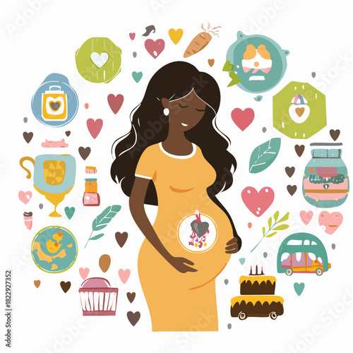 A lovely pregnant African American woman surrounded by baby shower elements.