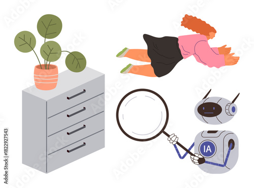 Robot holding magnifying glass, floating woman, plant on drawer representing curiosity, analysis, and growth. Ideal for technology, innovation, AI, research discovery creativity problem-solving