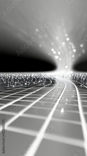 Abstract image of glowing fiber optic strands emitting light particles, suggesting data transfer and technology. The foreground features a grid-like surface ref