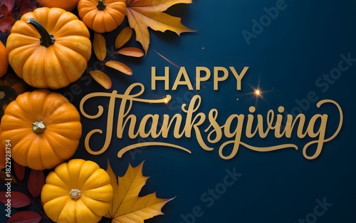 Happy Thanksgiving greeting card with pumpkins and autumn leaves festive seasonal decoration on dark blue background holiday celebra