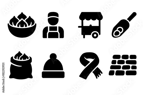 Festive Street Food Icons. Festive street food. Filled icon set of festive street food: roasted chestnuts,