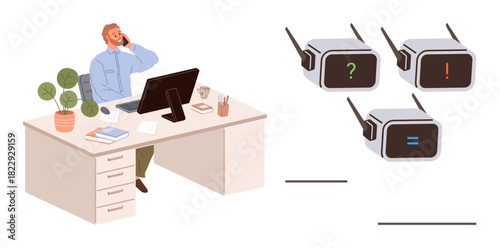 Worker at desk multitasking with a computer, phone, coffee, and devices showing question, alert, and connection status. Ideal for troubleshooting, technology, multitasking problem-solving