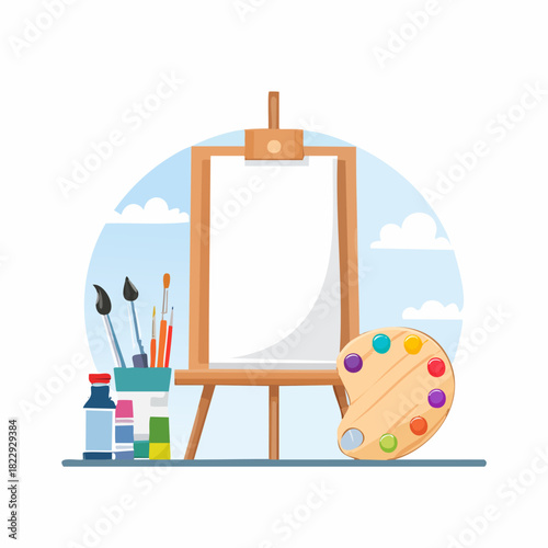 Artists Easel with Paint and Brushes Illustration.