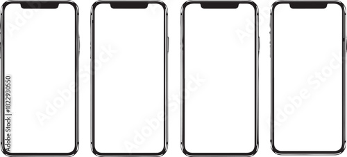 Four isolated modern smartphone mockups with blank screens for responsive app presentation template.