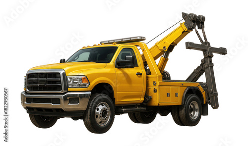 Robust tow truck featuring hydraulic boom and rear wheel lift system.