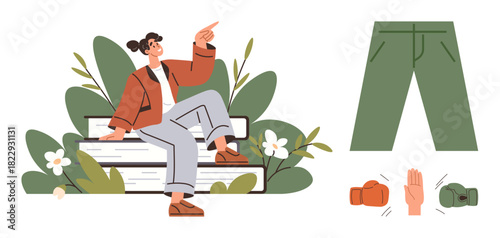 Woman seated casually on books surrounded by plants, pointing upward. Nearby pants and boxing glove visuals add casual fashion and energetic action. Ideal for education, activity, self-expression