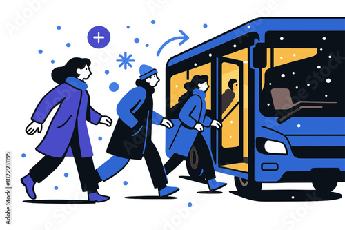 Winter Bus Arrival. Bus arrival. Bus pulling up with open doors, passengers in coats stepping forward, warm