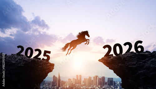  2026年へ谷を飛び越える馬　2026年午年新年イメージ　ビジネス向け年賀状素材