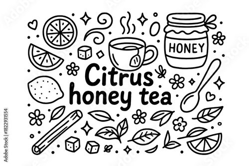Citrus Honey Tea Doodle. Citrus honey tea. Hand-drawn doodle illustration of Citrus honey tea. teacup, lemon