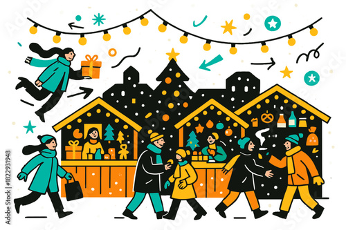 Festive Holiday Market. Holiday market. Town square filled with festive stalls, people in warm coats browsing