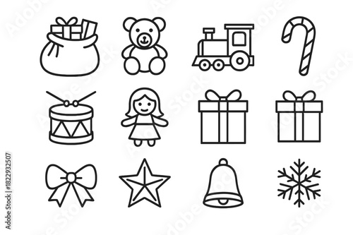 Santa's Gift Icons. Santa?s Gift Bag. Line outline icon set of Santa?s Gift Bag: sack with gifts, teddy bear,