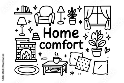 Cozy Home Doodle. Home comfort. Hand-drawn doodle illustration of home comfort. Armchair, lamp, bookshelf,