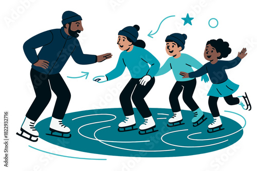 Dynamic Skating Lesson. Skating lessons. Instructor guiding a group of beginners, showing balance and posture.