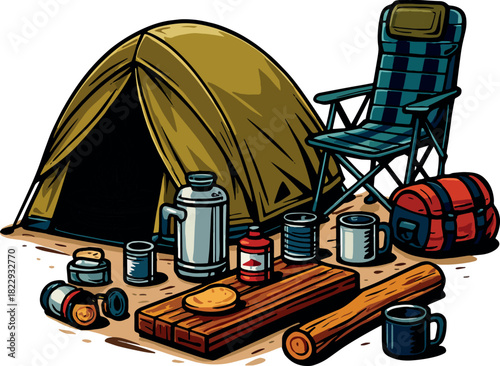 Camping tent scene with gear, cooking items, backpack, folding chair, mugs, food, and outdoor supplies
