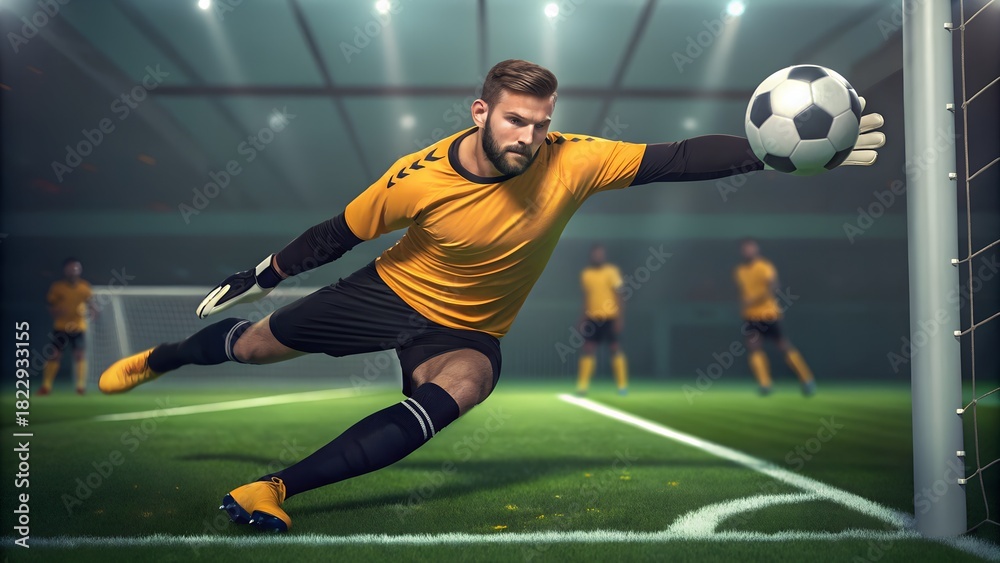 Fototapeta premium Powerful soccer goalie dives to block the ball during intense championship game